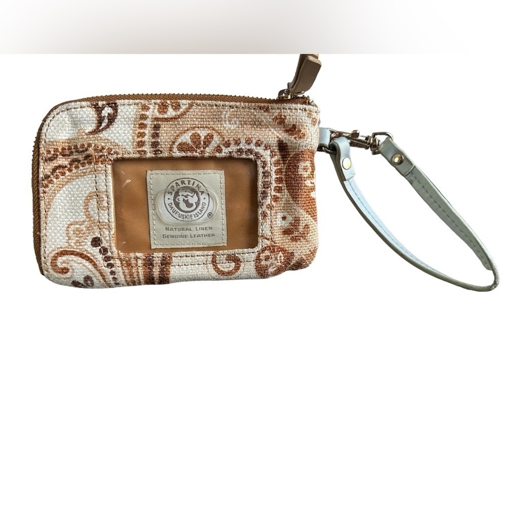 Spartina 449 natural linen and leather floral paisley wristlet